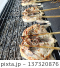 Grilled chicken street food charcoal grill bamboo skewer traditional cooking outdoor market rustic cuisine smoky flavor 137320876