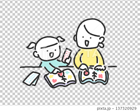 母親和女兒在玩貼紙書。親子互動。可愛的手繪線條畫。 母親和女兒在玩貼紙書。親子互動。可愛的手繪線條畫。 137320929