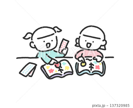 シール帳でシール交換をして遊ぶ2人の女の子 シル活 かわいい手描きの線画 シール帳でシール交換をして遊ぶ2人の女の子 シル活 かわいい手描きの線画 137320985