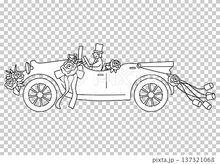 空き缶をつけて祝福を受けながら走るブライダルカーの線画ベクターイラスト 137321068