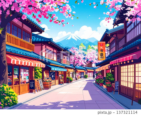 ポップアート風のカラフルな日本の街並み、看板や店舗が並ぶスタイリッシュなイラスト 137321114