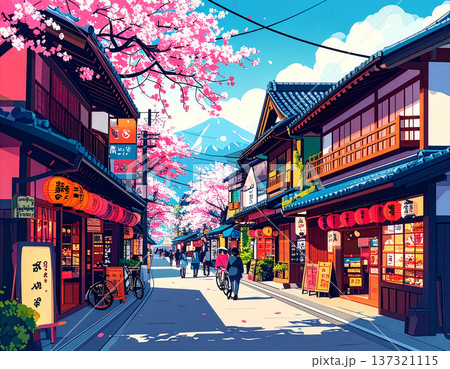 ポップアート風のカラフルな日本の街並み、看板や店舗が並ぶスタイリッシュなイラスト 137321115