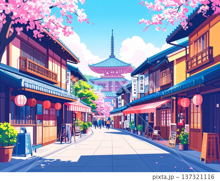 ポップアート風のカラフルな日本の街並み、看板や店舗が並ぶスタイリッシュなイラスト 137321116