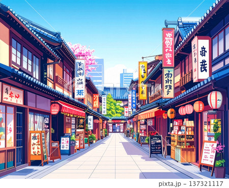 ポップアート風のカラフルな日本の街並み、看板や店舗が並ぶスタイリッシュなイラスト 137321117