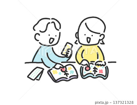 シール帳でシール交換をして遊ぶ男女　カップル　シル活　かわいい手描きの線画 137321328