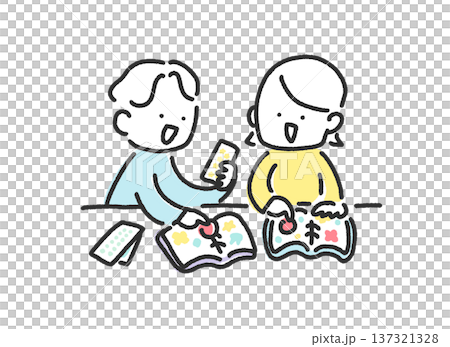 シール帳でシール交換をして遊ぶ男女　カップル　シル活　かわいい手描きの線画 137321328