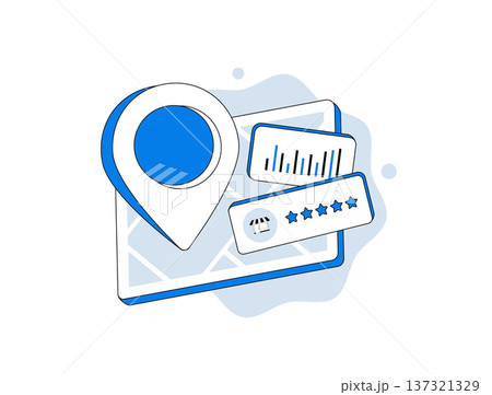 Local business review analytics, geolocation map interface with rating dashboard and customer feedback monitoring. Reputation management, marketing performance tracking modern flat vector illustration 137321329
