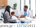 Pediatrician doctor consulting Asian mother about her little son health. Mother and son talking to therapist at consultation in hospital. Children healthcare concept. 137321411