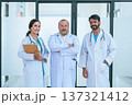 Group portrait of diverse male and female doctors in white medical uniforms standing in hospital corridor smiling and looking at the camera. 137321412
