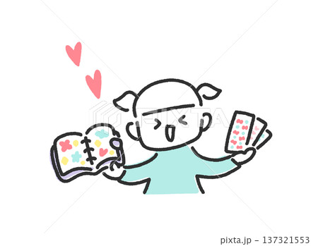 シール帳とシールを持ち喜ぶ笑顔の女の子　シル活　手描きのかわいい線画 137321553
