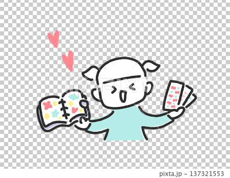 シール帳とシールを持ち喜ぶ笑顔の女の子　シル活　手描きのかわいい線画 137321553
