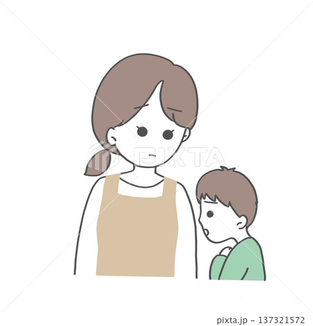 困り顔で話すこどもこども(男の子)と心配そうに話を聞くお母さん 困り顔で話すこどもこども(男の子)と心配そうに話を聞くお母さん 137321572
