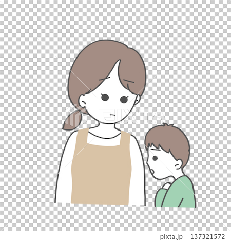 一個男孩帶著憂慮地自言自語，他的母親在一旁關切地聽著。 137321572