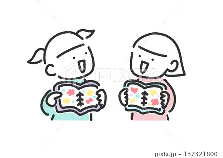 シール帳でシール交換をして遊ぶ2人の女の子　シル活　かわいい手描きの線画 137321800