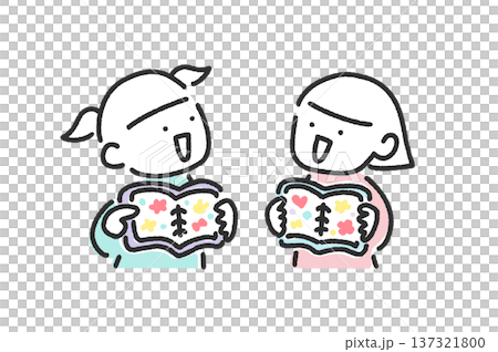 シール帳でシール交換をして遊ぶ2人の女の子　シル活　かわいい手描きの線画 137321800