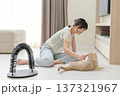 Cheerful young asian woman playing with friendly pet cat on living room floor at home promoting positive mental health and overall wellness through joyful bonding and peaceful daily interaction 137321967