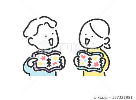 シール帳でシール交換をして遊ぶ男女　カップル　シル活　かわいい手描きの線画 137321981