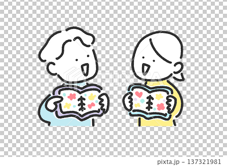 シール帳でシール交換をして遊ぶ男女　カップル　シル活　かわいい手描きの線画 137321981