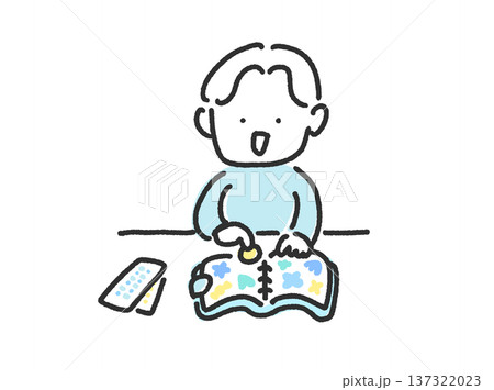 シール帳にシールを貼って楽しむ男性　手描きのかわいい線画　シル活 137322023