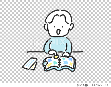 シール帳にシールを貼って楽しむ男性　手描きのかわいい線画　シル活 137322023