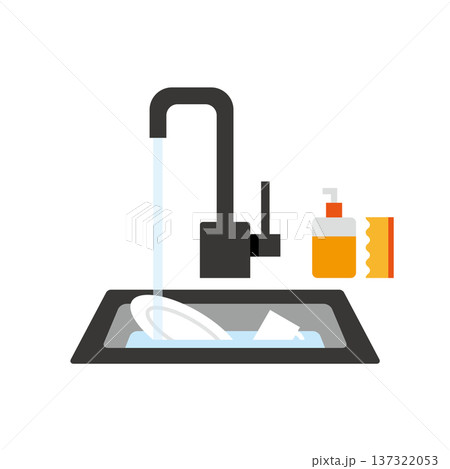 黒蛇口シンクに食器と水が流れるフラットイラスト 137322053