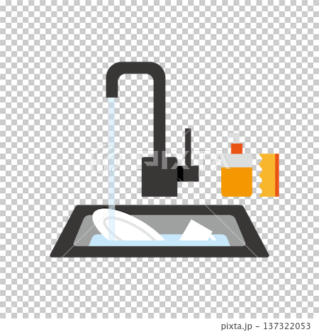 黒蛇口シンクに食器と水が流れるフラットイラスト 137322053