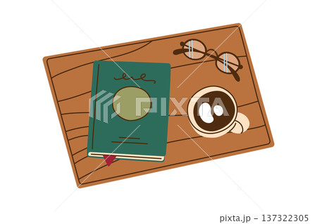 Open book with glasses, coffee cup on wooden table. Top view flat vector illustration. Cozy reading atmosphere, relaxation theme. Cartoon style for education, literature, leisure design 137322305