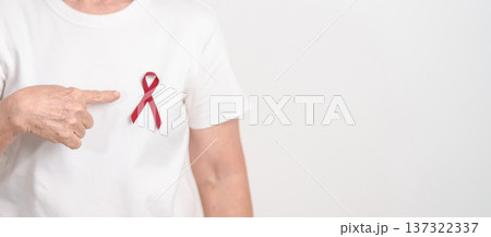 Elderly with Burgundy Ribbon for March Multiple Myeloma Cancer Awareness month, September Sickle Cell Anemia, Headache and Migraine week, April world Meningitis day, October Hospice  Palliative care 137322337