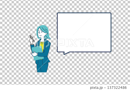 ペンとクリップボードを持つ女性のイラスト ふきだし 137322486