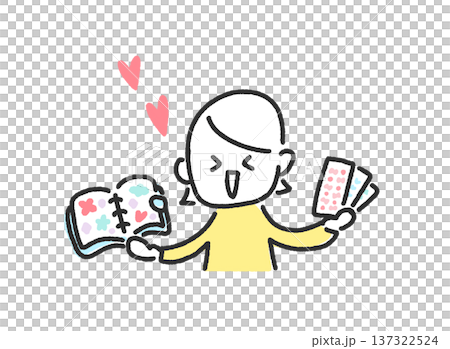 A smiling woman holding a sticker book and stickers. Happy. A smiling woman holding a sticker book and stickers. Happy. 137322524