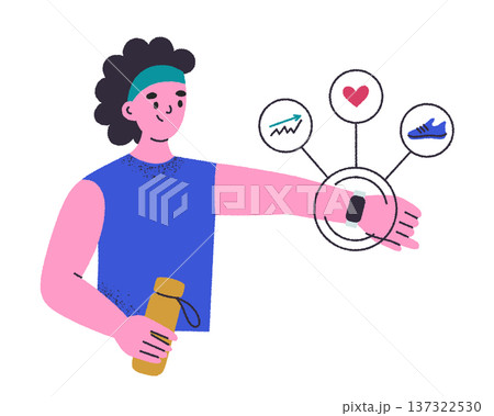 Sportswoman with fitness tracker on wrist. Flat vector illustration in cartoon style. Gadget with heart rate, graph and running workout. Woman character for health, training, active lifestyle theme 137322530