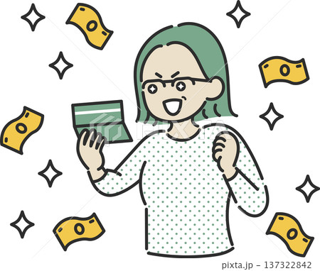 通帳を見て収入増、臨時収入に喜ぶ40代女性のイラスト 137322842