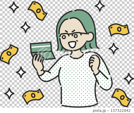 通帳を見て収入増、臨時収入に喜ぶ40代女性のイラスト 137322842