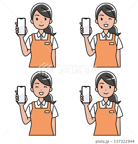 笑顔でスマホを見せるエプロン姿の東南アジア系女性のイラスト 笑顔でスマホを見せるエプロン姿の東南アジア系女性のイラスト 137322944