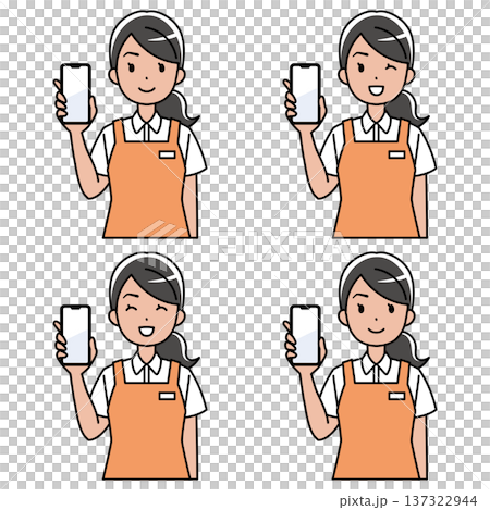 笑顔でスマホを見せるエプロン姿の東南アジア系女性のイラスト 笑顔でスマホを見せるエプロン姿の東南アジア系女性のイラスト 137322944