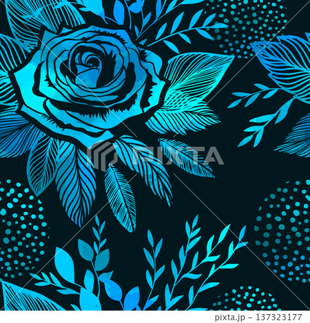 Seamless background with blue neon flowers rose. Hand drawn. Not AI, vector illustration 137323177