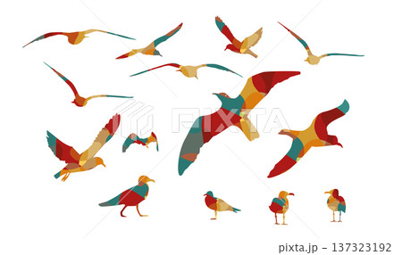 Set of colored seagulls . hand drawing. Not AI. Vector illustration 137323192
