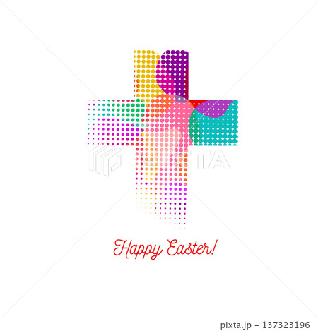 Multicolored cross made of dots. Happy Easter. Hand drawn. Not AI, vector illustration. Multicolored cross made of dots. Happy Easter. Hand drawn. Not AI, vector illustration. 137323196