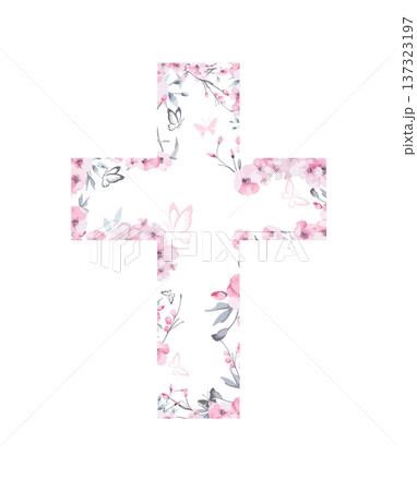 Religious cross with sakura flowers and butterflies . Hand drawn. Not AI, vector illustration. He is risen 137323197
