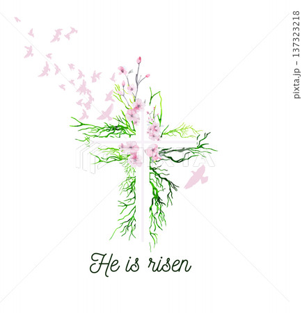 Religious cross with sakura flowers. Hand drawn. Not AI, vector illustration. He is risen Hand drawn. Not AI, vector illustration 137323218