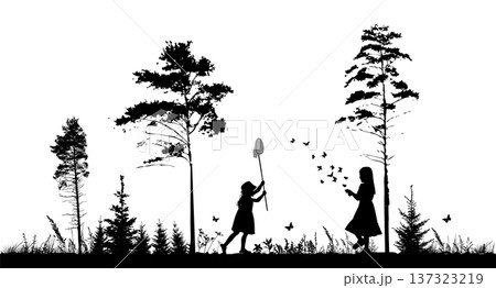 Silhouette of little girls in the forest catching butterflies . Not AI, vector illustration. 137323219