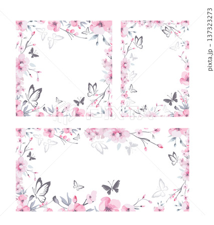 Frame with sakura flowers. Beautiful cherry blossom flower vector illustration. Hand drawn. Not AI, Frame with sakura flowers. Beautiful cherry blossom flower vector illustration. Hand drawn. Not AI, 137323273
