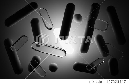 Dark gradient 3D background with white glow light effect, flying liquid glass plates, geometric shapes in shadow. Abstract bg with transparent lens, balls and rounded rectangle lines. 3D illustration 137323347