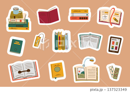 Collection of reading stickers in flat cartoon style. Books on shelf, open and closed books, bookmarks, accessories. Vector illustration set for education, library, literature design. Cozy theme Collection of reading stickers in flat cartoon style. Books on shelf, open and closed books, bookmarks, accessories. Vector illustration set for education, library, literature design. Cozy theme 137323349