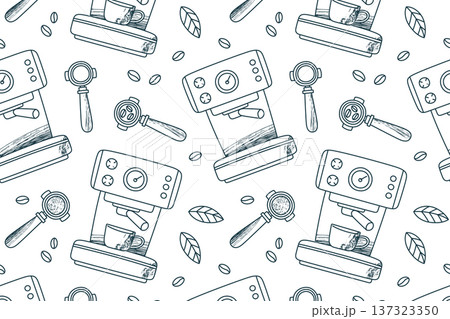 Black and white seamless pattern with espresso machines, portafilters and coffee beans. Hand drawn doodle illustration. Coffee brewing equipment background for cafe design, packaging, menus Black and white seamless pattern with espresso machines, portafilters and coffee beans. Hand drawn doodle illustration. Coffee brewing equipment background for cafe design, packaging, menus 137323350