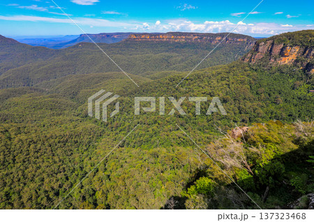 Scenic view of Jamison Valley from Echo Point lookout in the Blue Mountains National Park near Katoomba. 137323468