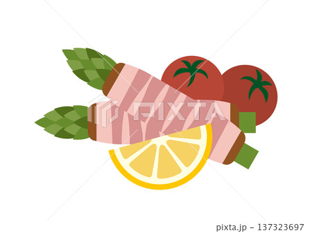 アスパラベーコン巻きとトマト・レモンのフラットイラスト（白背景） 137323697