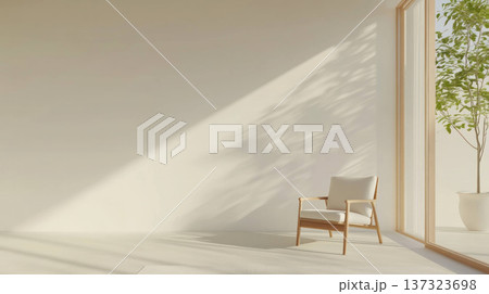 Minimalist mid century room with wooden armchair, large sliding doors, and natural light 137323698