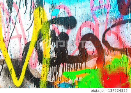 Colorful Urban Graffiti Wall - Dripping Paint, Abstract Shapes, Street Style, 90s and Y2K Aesthetic 137324335