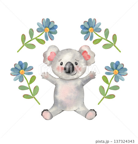 Cute happy cartoon koala with open arms and blue flat flowers. Hand-painted watercolor illustration isolated on white for kids design, children books, stickers, posters, branding, greeting cards Cute happy cartoon koala with open arms and blue flat flowers. Hand-painted watercolor illustration isolated on white for kids design, children books, stickers, posters, branding, greeting cards 137324343